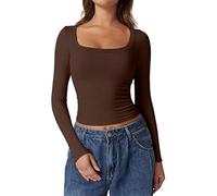 Women's Long Sleeve T-Shirts Neck Slim Fit Going Out Tops Double Lined Basic Tee Cloud Collection Thermal Briefs Women, coffee, XL