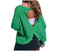 Women's Long Sleeve T Shirts Open Back Workout Crop Tops Casual Lightweight Athletic Gym Yoga Tee Loose Solid Backless T-Shirt Running Top Trendy Sport Tops with Thumb Hole