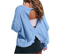 Women's Long Sleeve T Shirts Open Back Workout Crop Tops Casual Lightweight Athletic Gym Yoga Tee Loose Solid Backless T-Shirt Running Top Trendy Sport Tops with Thumb Hole