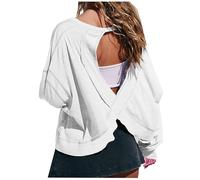 Women's Long Sleeve T Shirts Open Back Workout Crop Tops Casual Lightweight Athletic Gym Yoga Tee Loose Solid Backless T-Shirt Running Top Trendy Sport Tops with Thumb Hole
