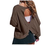 Women's Long Sleeve T Shirts Open Back Workout Crop Tops Casual Lightweight Athletic Gym Yoga Tee Loose Solid Backless T-Shirt Running Top Trendy Sport Tops with Thumb Hole