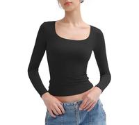 Women's Long Sleeve T Shirts Scoop Neck Slim Fit Going Out Tops Double Lined Basic Tee(Black,M)