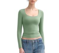 Women's Long Sleeve T Shirts Scoop Neck Slim Fit Going Out Tops Double Lined Basic Tee(Green,L)
