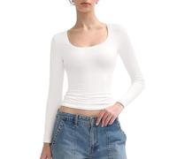 Women's Long Sleeve T Shirts Scoop Neck Slim Fit Going Out Tops Double Lined Basic Tee(White,XL)