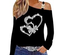Womens Long Sleeve Tee Shirt Casual Pullover Off The Shoulder Rhinestone Tops Loose Fit Glitter T Shirts Blouses Tees (Black-1, M)