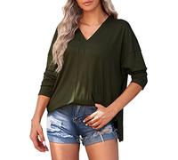 Women's Long Sleeve Thin V-Neck Drop Shoulder Sleeve Loose Tops Casual Solid Blouses Loose Shirts Tops Wrap Shirt Women's Long Sleeve, Army Green, M