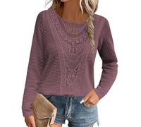 Women's Long Sleeve Top Elegant Solid Color Lace Waffle Patchwork Tee Shirt Dressy Casual V-Neck Blouses T-Shirt Lace Tunic Tops Business Office Work Shirts Tops for Ladies