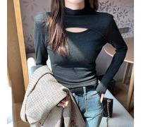 Women's Long Sleeve Top Half High Collar Hollow Stitching Base Layer for Slim Fit Casual Shirt Spring Autumn(Black M)