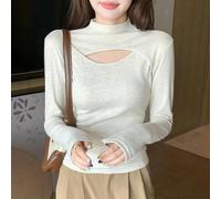 Women's Long Sleeve Top Half High Collar Hollow Stitching Base Layer for Slim Fit Casual Shirt Spring Autumn(Beige M)