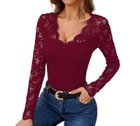 Women's Long Sleeve Top Lace Blouse Casual Shirt Elegant Clothing Sexy Outfit Band Collar See Through Wedding Y2K Lace Top Layering Blouses Wine L