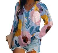 Womens Long Sleeve Tops Abstract Scandinavian Flowers Sweatshirts Casual V Neck Blouses Basic T Shirts Spring Autumn Winter Tunic Clothes Oversized Baseball Tee Shirt S-5Xl Light Blue