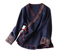 Women's Long Sleeve Tops Floral Embroidery Wrap V-Neck Blouse Vintage Ethnic Style Tie Front Knot Shirts Casual Oriental Blouses Ladies Traditional Chinese Clothing Tang Suit Navy