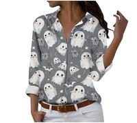 Women's Long Sleeve Tops Halloween Basic Top for Women V Neck Women Blouses Ghost Print T-Shirt Women Casual Loose Tunic Tops for Leggings Going Out Womens Shirts
