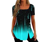 Women's Long Sleeve Tops Oversized Tshirt for Womens Graphic T Shirt Summer Short Sleeve Crew Neck Plus Size Casual Retro Tee Shirts Blue Vest Tops for Women UK Blouse