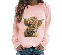 Women's Long Sleeve Tops Sales Clearance Highland Cow Sweatshirt O Neck Kawaii Cow Letter Print Casual Pullover Long Sleeve Teen Girls Basic Sweatshirt School Juniors for Ladies Pink
