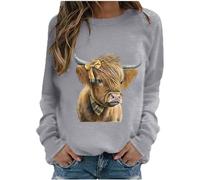 Women's Long Sleeve Tops Sales Clearance Highland Cow Sweatshirt O Neck Kawaii Cow Letter Print Casual Pullover Long Sleeve Teen Girls Basic Sweatshirt School Juniors for Ladies Gray