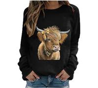 Women's Long Sleeve Tops Sales Clearance Highland Cow Sweatshirt O Neck Kawaii Cow Letter Print Casual Pullover Long Sleeve Teen Girls Basic Sweatshirt School Juniors for Ladies Black