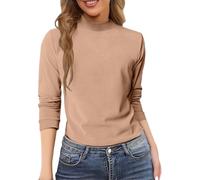 Womens Long Sleeve Tops, Thermal Base Layer Stretchy Slim Fit Warm Undershirt, Plain Solid Colour Soft Top for Autumn and Winter Layering, Womens Jumper Khaki