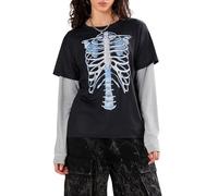 Women's Long Sleeve Tops Vintage Round Neck Skull Print Loose Grunge Shirts Pullover Harajuku Y2K Streetwear (Z-Black Grey, M)