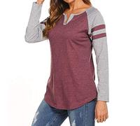 Womens Long Sleeve Tops Winter Tops Loose Blouses Daily T-Shirts Casual Tops Button Basic Tee Henley Blouse Tee Shirts Ladies V-Neck Stitching Contrast Color Long-Sleeved Knitted Bottoming Shirt