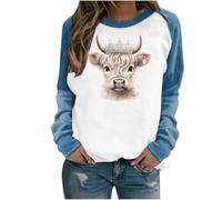 Womens Long Sleeve Tops Women's Highland Cow Printed Sweatshirt Kawaii Cow Print Sports Shirt Ladies Sweatshirts Without Hood Cowgirl Pullover Tops Round Neck Dressy Casual Spring Blouses