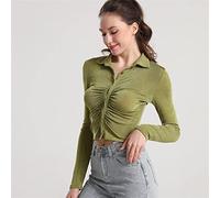 Womens Long Sleeve Tops,Women'S Long Sleeve Shirts Green Plain Lapel Button Pleated Bodycon Cropped Top Blouses Spring Autumn Sexy Slim Fit Cardigan Coat Work Office Tops Stylish Tight Shirts ,Xl