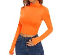 Womens Long Sleeve Turtleneck Crop Top Basic Slim Fit T-Shirt Halloween Velma Costume Orange Sexy Y2K Going Out Tops, Orange, XL