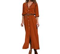 Women's Long Sleeve Work Shirt Dresses Solid Colour Lapel Neck Long Dress with Belts Button Down Maxi Split Dress Loose Casual Elegant Formal Dresses UK Sale