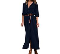 Women's Long Sleeve Work Shirt Dresses Solid Colour Lapel Neck Long Dress with Belts Button Down Maxi Split Dress Loose Casual Elegant Formal Dresses UK Sale