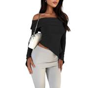 Womens Long Sleeve Y2K Top Shirt Trendy Off Shoulder Asymmetrical Fitted Knit Tee Shirts Going Out Tops S Black