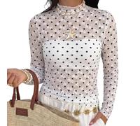 Women's Long Sleeved Lace Top Black White Polka Dot Sheer Mesh Slim Fit Short High Neck Ruffled Trim Pure Sexy Causal S-XL