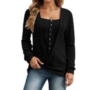 Women's Long-Sleeved Shirt in 2-in-1 Wrap Look - Top in Layered Look with Henley Neck | Casual Rib Knit Shirt for Everyday Use, style_w02 black, 4XL