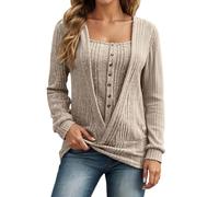Women's Long-Sleeved Shirt in 2-in-1 Wrap Look - Top in Layered Look with Henley Neck | Casual Rib Knit Shirt for Everyday Use, style_w01 beige, 4XL