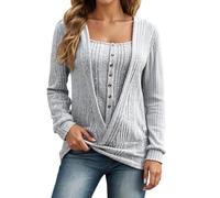 Women's Long-Sleeved Shirt in 2-in-1 Wrap Look - Top in Layered Look with Henley Neck | Casual Rib Knit Shirt for Everyday Use, style_w03 gray, XXL