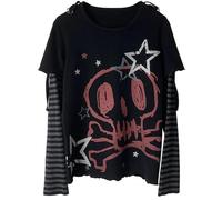 Women's Long-Sleeved Shirt in Layered Look with Skull Print, 2-in-1 Top in E-Girl and Punk Style, Striped Shirt with Cut-Outs, style_r01 black, S