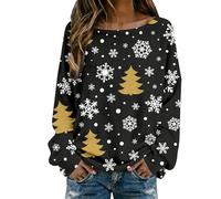 Women's Long-Sleeved Shirt with Golden Christmas Trees - Winter Jumper with Snowflakes | Ribbed Top for the Christmas Season, style_y01 black, M