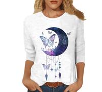 Women's Long-Sleeved Shirt with Moon and Butterflies - 3/4 Sleeve Shirt in Dreamy Design | Top with Galaxy Motif, style_c01 blue, 3XL