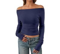 Women's Long-Sleeved Shirt with Ruffles, Boat Neck, Fitted Rib Knit Crop Top, Basic Shirt, Casual, navy, XXL