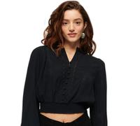 Superdry Lace Trim Smocked Long Sleeve Blouse Black M Woman
