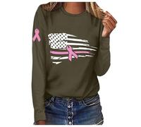 Women's Long-Sleeved T-Shirt Breast Cancer Awareness Ribbon Motif Breathable Comfortable Soft, Army Green, S
