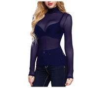 Women's Long-Sleeved T-Shirt - Transparent Tulle Mesh Blouse, Sexy Top Women's Black Slim Fit Sheer Arm Shaper Top Basic Long Sleeve Tunic Tops Party Tops Clubwear Mesh Top, O Blue, M
