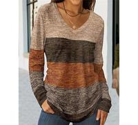 Women's long sleeved Vneck top with patchwork color block print suitable for spring, summer, autumn, and winter daily wear, vacation, and club occasions (6XL A)