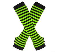 Women's Long- Striped- Knitted Fingerless Gloves, Cotton Elbow Length Arm Warmers for Autumn Winter, Y2K Harajuku Style,Sleeve Mittens(One Size Fluorescent green)