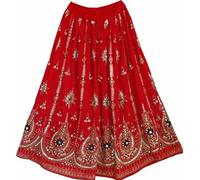 Women's Long Summer Skirt, Indian Style, Hippie and Gypsy Style, Sequins, Size M, L, red,