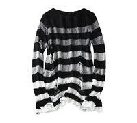 Womens Long Sweater Punk Gothic Style Stripe Patchwork Fashion Oversized Knitted Sweater Hollow Out Hole Broken Jumper Loose Tops Round Neck Casual Trendy Pullover Black