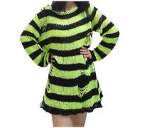 Womens Long Sweater Punk Gothic Style Stripe Patchwork Fashion Oversized Knitted Sweater Hollow Out Hole Broken Jumper Loose Tops Round Neck Casual Trendy Pullover Green
