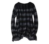 Womens Long Sweater Punk Gothic Style Stripe Patchwork Fashion Oversized Knitted Sweater Hollow Out Hole Broken Jumper Loose Tops Round Neck Casual Trendy Pullover