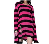 Womens Long Sweater Punk Gothic Style Stripe Patchwork Fashion Oversized Knitted Sweater Hollow Out Hole Broken Jumper Loose Tops Round Neck Casual Trendy Pullover Pink