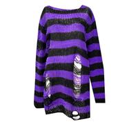 Womens Long Sweater Punk Gothic Style Stripe Patchwork Fashion Oversized Knitted Sweater Hollow Out Hole Broken Jumper Loose Tops Round Neck Casual Trendy Pullover