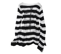 Womens Long Sweater Punk Gothic Style Stripe Patchwork Fashion Oversized Knitted Sweater Hollow Out Hole Broken Jumper Loose Tops Round Neck Casual Trendy Pullover